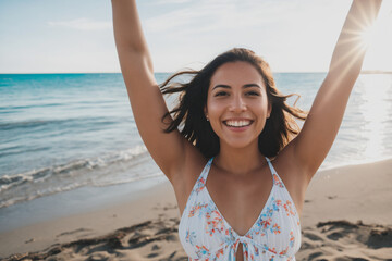 Happy woman with arms raised on a beach. Generative AI