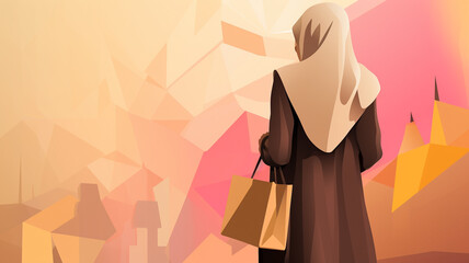 Muslim Shopper carrying shopping bags. Illustration. View from behind
