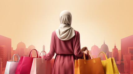 Muslim Shopper carrying shopping bags. Illustration. View from behind