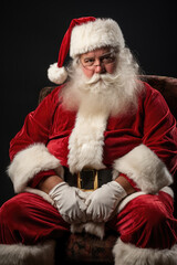 Portrait of a Santa Claus sitting despondent, sad and upset looking at camera.
