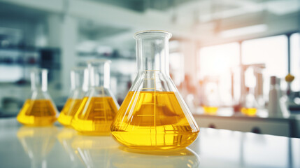  Laboratory flasks contain chemical liquid on white table in  laboratory room. medical research and chemistry study concept. generative AI