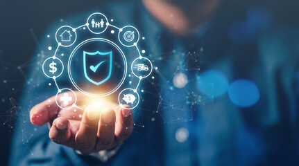 insurance, protection, assurance, family, health, saving, finance, life, shielding, health care. prop up insurance and asset hud. that's icon is showing, assurance and life insurance to protect.