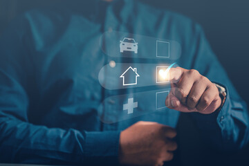 insurance, protection, assurance, family, health, saving, finance, life, shielding, health care. businessman is preparing for retirement. finger point to check list asset plant, life insurance.