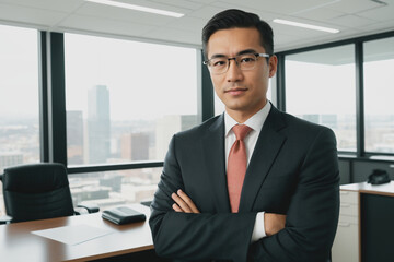 Man wearing suit, in his office. Business man. Generative AI
