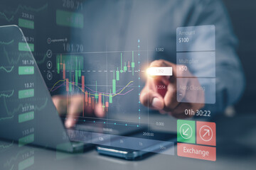 investment, graph, finance, financial, investing, technology, buy, sell, price, business. typing keyboard for invest into cryptocurrency. red graph is loss, then green graph is benefit should take.