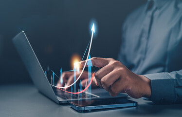 finance, financial, investment, stock, graph, growth, banking, invest, currency, investor. pointing at graph of my investment and stock finance. then drawing line grow to take profit. invest has risk.