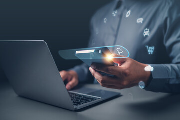 smartphone, social media, wireless, information, communication, network, technology, digital, connection, diagnostic. check at smartphone to searchbox for find something. around text box iot icon show