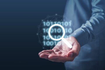 technology, business, firewall, bit, security, transmission, privacy, protection, magnifier, safety. a palm on hand binary digit HUD and magnifier to find binary digit. technology bit is the basic.