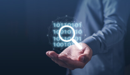 technology, business, firewall, bit, security, transmission, privacy, protection, magnifier, safety. a palm on hand binary digit HUD and magnifier to find binary digit. technology bit is the basic.