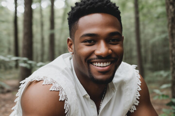 Black man, happy, in an environment that resembles a park. Generative AI