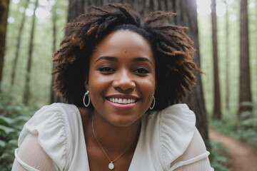 black woman, happy, in an environment that resembles a park. Generative AI