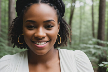 black woman, happy, in an environment that resembles a park. Generative AI