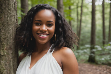 black woman, happy, in an environment that resembles a park. Generative AI