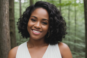 black woman, happy, in an environment that resembles a park. Generative AI