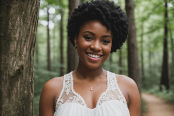 black woman, happy, in an environment that resembles a park. Generative AI