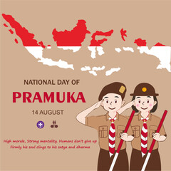 Fototapeta na wymiar Happy Scout Day August 14 Indonesian Festival Day. Selamat Hari Pramuka. Vector Illustration. Boy and girl Student celebrate pramuka day. 