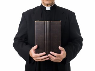 a catholic christian church priest wearing black cassock robe holding the holy bible book in his hands. face not seen. isolated on white background. Generative AI