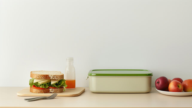 Lunch box and a green plastic container filled with food are placed on a white wooden background