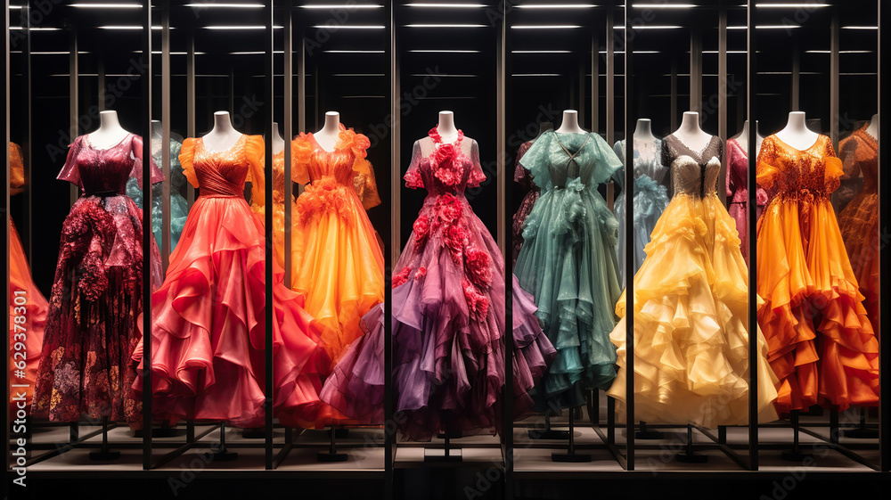 Wall mural Colorful Dresses on Display, Showcased in Glass Cases at the Store