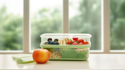 Meal neatly packed in a green plastic container within a lunch box