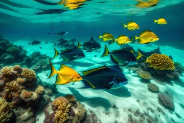 Manta ray and yellow snapper fish with reef generated by AI tool