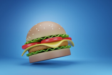 Cheeseburger isolated on blue background. 3D rendering image.