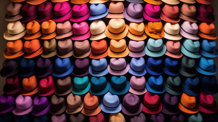 Colorful hats neatly arranged in a stack against the wall