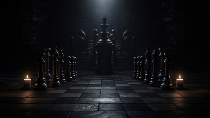 Chess Pieces Laid Out on a Dark Chessboard in a Dimly Lit Room