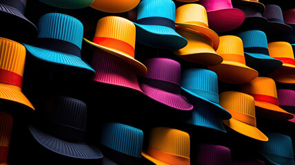 Fototapeta premium Colorful hats stacked on a wall