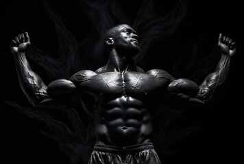 Fototapeta na wymiar Defining Muscle: Handsome Black Man Flexing His Ripped Physique