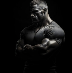 Fototapeta na wymiar Gritty Monochrome Portrait of a Bodybuilder with His Arms Folded