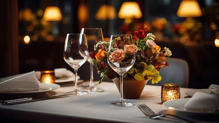 Keuken spatwand met foto Romantic dinner table setting awaits guests in the restaurant © Putra