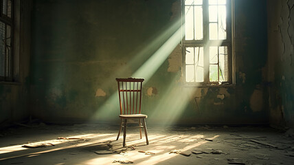 In an abandoned building, an empty chair is bathed in sunlight