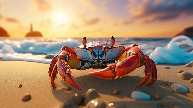 Crab leisurely walks along the beach, basking in the sunset