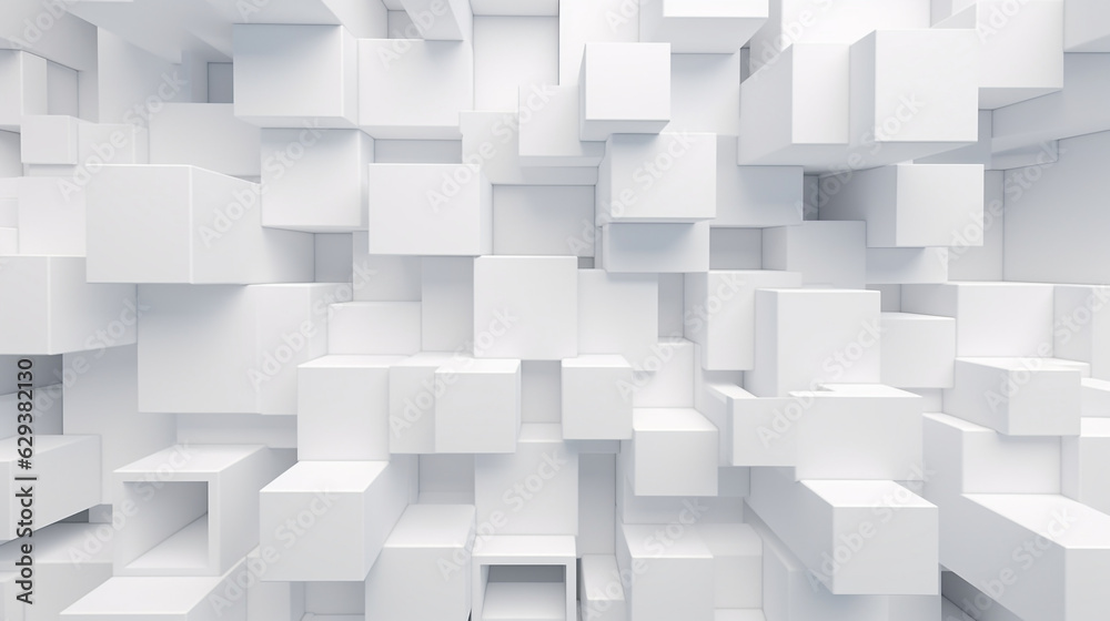 Poster  artistic composition of random white cube boxes creatively arranged to block the background