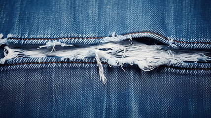 Torn and destroyed denim jeans with a blue texture