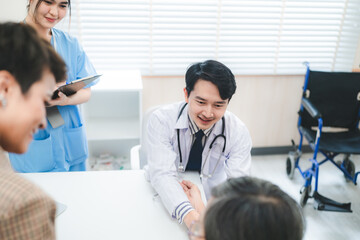 Fototapeta premium Doctor checking consultation with patient for checkup. work on healthcare paperwork and happiness of medical professional, checklist and report a results in hospital clinic, health insurance business