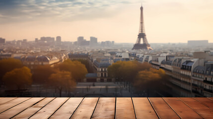Fototapeta na wymiar The empty wooden table top with blur background of Paris