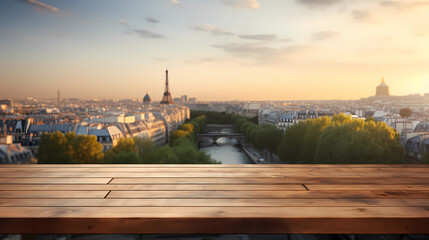 The empty wooden table top with blur background of Paris
