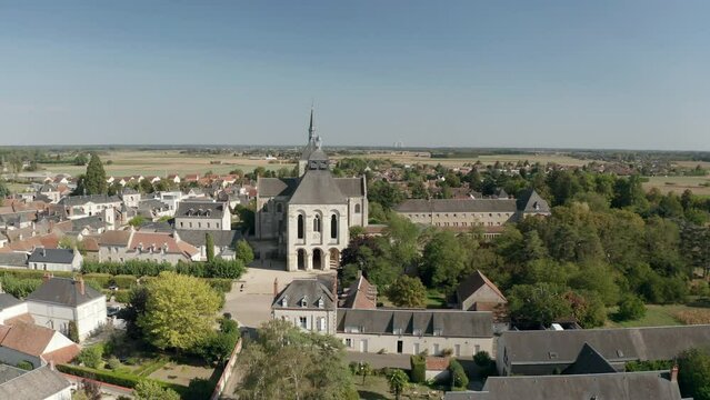 Aerial drone point of view of the Abbaye de Fleury in the Loire Valley, Saint Benoit sur Loire, France.