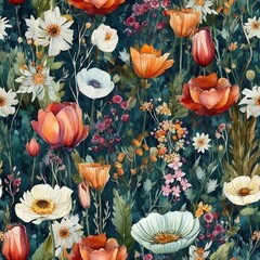 Watercolor Wild Flowers Seamless Repeat Patterns Background 7