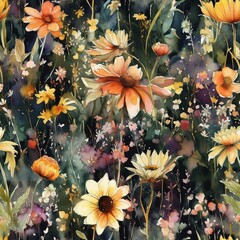 Watercolor Wild Flowers Seamless Repeat Patterns Background 6