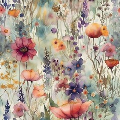 Watercolor Wild Flowers Seamless Repeat Patterns Background 4