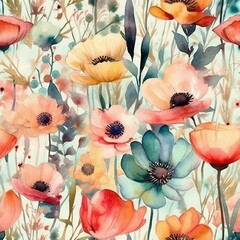 Watercolor Wild Flowers Seamless Repeat Patterns Background 3
