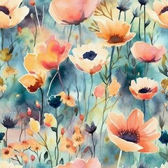 Watercolor Wild Flowers Seamless Repeat Patterns Background 1