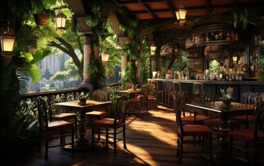 Fototapeta premium A wooden design restaurant in the sunset jungle.