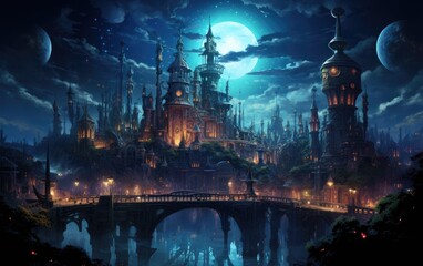 Halloween background with castle with moon.

