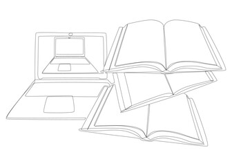One continuous line of Laptop with books. Thin Line Electronic Education Illustration vector concept. Contour Drawing Creative ideas.