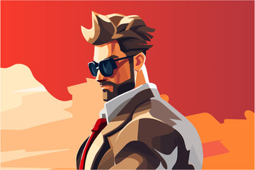 Male cool hero secret agent video game character art, badass man in sunglasses and suit spy action game avatar vector isolated illustration avatar