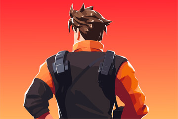 Male hero warrior video game character art, strong military ops badass  man from shooting game standing back view vector isolated illustration avatar